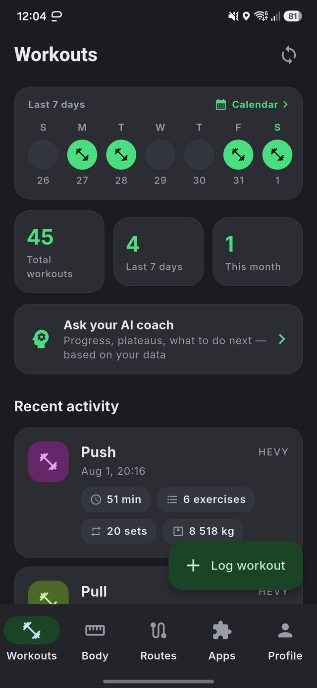 Hirdfit workouts screen with the last seven days, totals, and recent sessions imported from Hevy